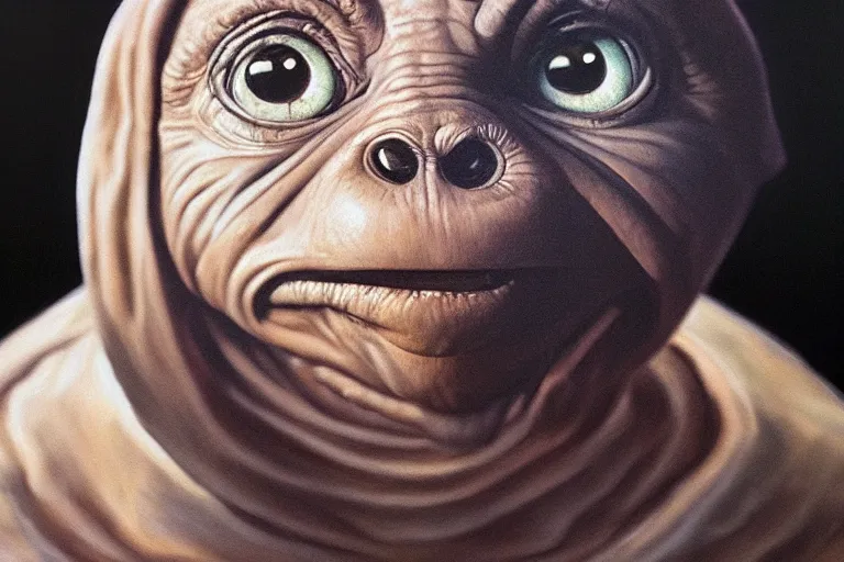 Image similar to e. t. the extra - terrestrial portrait in oil on black velvet, in frame, 4 k, hyper - realistic