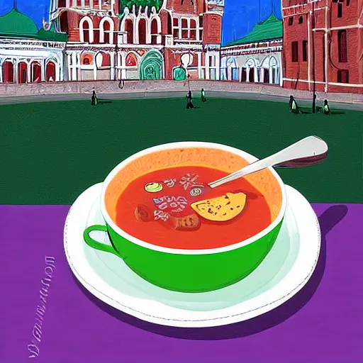 Image similar to Funny Dragon eating russian borsch soup on the Red Square, digital art