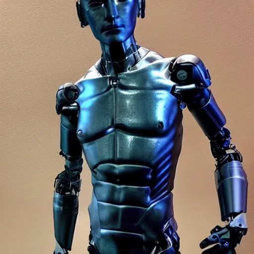 Image similar to “a realistic detailed photo of a guy who is an attractive humanoid who is half robot and half humanoid, who is a male android, twitch streamer Ninja Tyler Blevins, shiny skin, posing like a statue, blank stare”