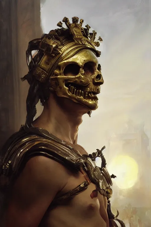 Image similar to beautiful expressive oil painting portrait of ancient roman god emperor cyborg with a skull mask ascending wearing the civic crown, art by anders zorn, wonderful masterpiece by greg rutkowski, beautiful cinematic light, american romanticism by greg manchess, jessica rossier