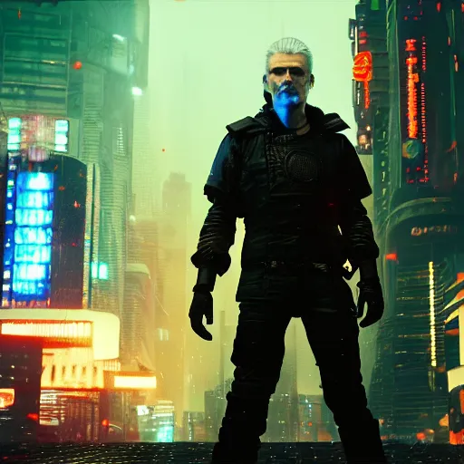 Prompt: Dystopian cyberpunk geralt of trivia and his team on the Chase TV show. Bladerunner. Digital render. High quality digital art. Artstation. 4K. In the style of Gottfried Helnwein's Boulevard of Broken Dreams