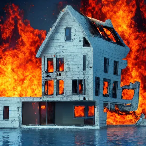 Prompt: a house burning underwater, with a humanoid robot, 8 k resolution, colorful, mariana trench