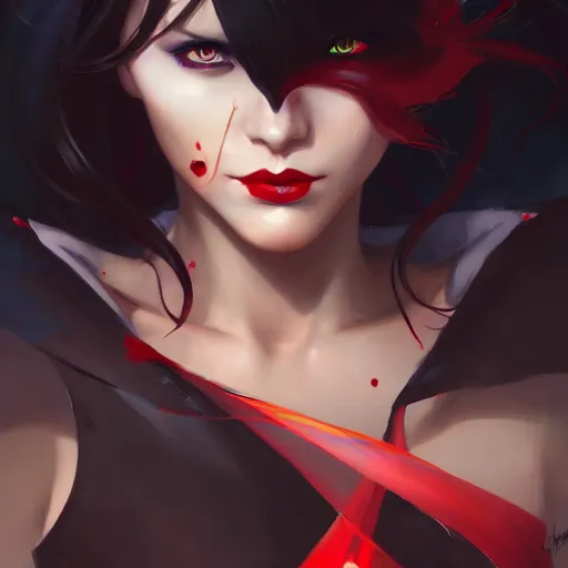 Image similar to a beautiful portrait of a beautiful vampirella, concept art by pete mohrbacher and guweiz and ilya kuvshinov, digital art, highly detailed, intricate, sharp focus, trending on artstation hq, deviantart, unreal engine 5, 4 k uhd image