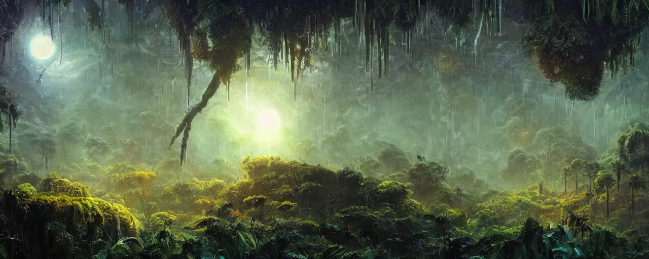 Image similar to ” outer planet with misty jungle covered in mycelium, [ moist, wet, lush, cinematic, detailed, epic, widescreen, opening, establishing, mattepainting, photorealistic, realistic textures, octane render, art by paul lehr ] ”