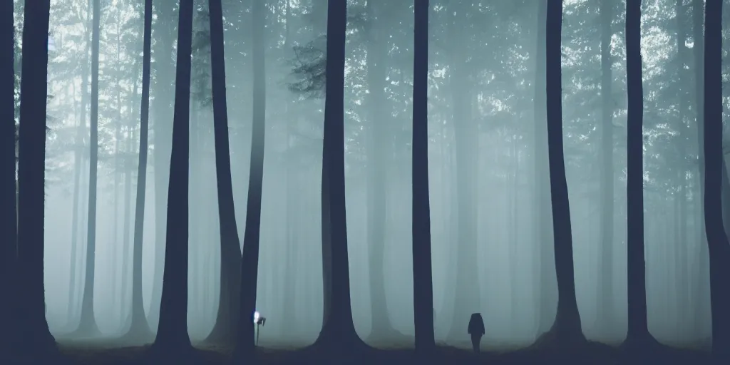 Prompt: silhouetted tall figures in the woods, volumetric lighting, Portra 160, night time, ominous
