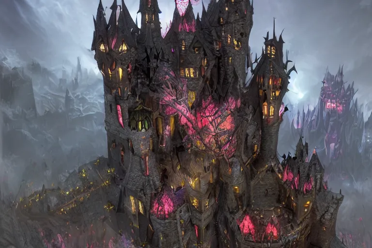 Image similar to big evil fairy castle - city rock dark shadow elves, might and magic heroes 7, dark fantasy, shadows, artstation trending, unreal engine 5, red