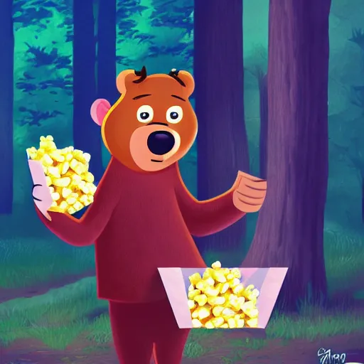 Prompt: yogi bear selling popcorn, artstation, forest background,