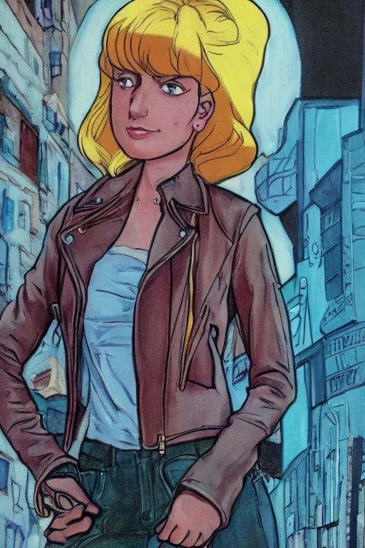 Image similar to portrait of an attractive young female protagonist, center focus, wearing leather jacket, in city street, detailed artwork by ralph bakshi