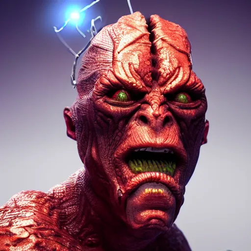 Image similar to a vaguely humanoid god, evil, villain, studio, studio background, sharp focus, dynamic lights, still, photograph, hyper realistic, masterpiece, digital, octane render, rendered, 3 d, blender, 3 d software, cinematic, cinematic lighting, dramatic lighting, dramatic, highly detailed, intricate details, texture, slime, cinematic composition