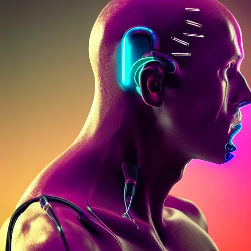 Image similar to male cyborg body profile cyberpunk neon metal glow red purple black science fiction hd 8 k by caravaggio