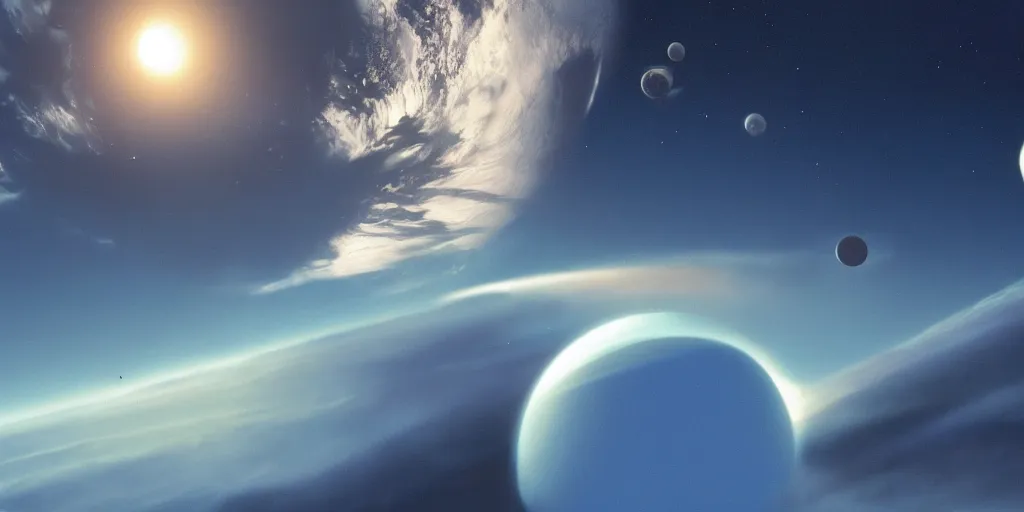 Image similar to blue dreamy cloudscape with a single planet in the clouds, ringed planet, daylight, cinematic lighting, cinematic perspective, syd mead, john harris, federico pelat,