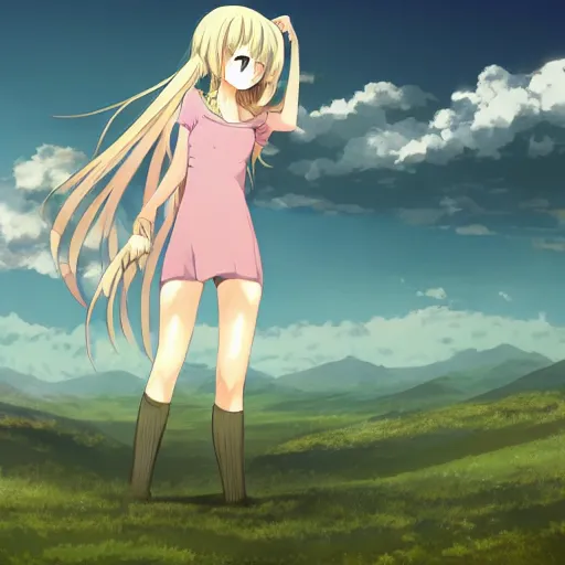 Image similar to anime, full body, girl standing in the top of hill, pixiv, illustration