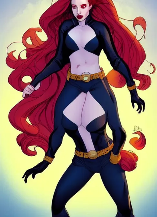 Image similar to Rafeal Albuquerque comic art, Joshua Middleton comic art, cinematics lighting, sunset colors, pretty female Madelaine Petsch Rogue x-men marvel, big smirk, symmetrical face, symmetrical eyes, long red hair and white hair, with white streak in hair, full body, flying in the air, sunset