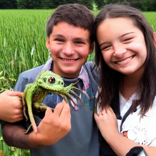 Image similar to a photograph of students smiling while holding an alien they found in a field