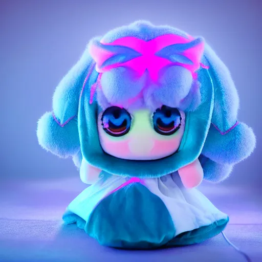 Image similar to cute fumo plush girl who has bioluminescent eyes, jelly glow, emissive bssrdf, pitch black, vray