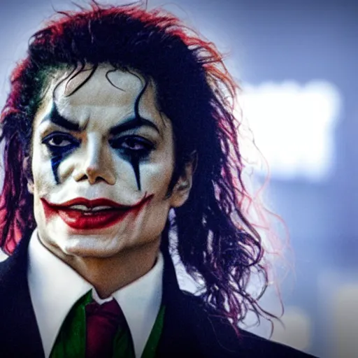 Image similar to stunning awe inspiring michael jackson as the joker, movie still 8 k hdr atmospheric lighting