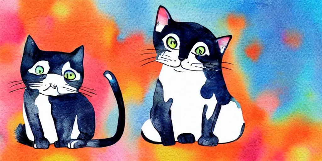 Image similar to watercolor illustration style, cute cat call by phone