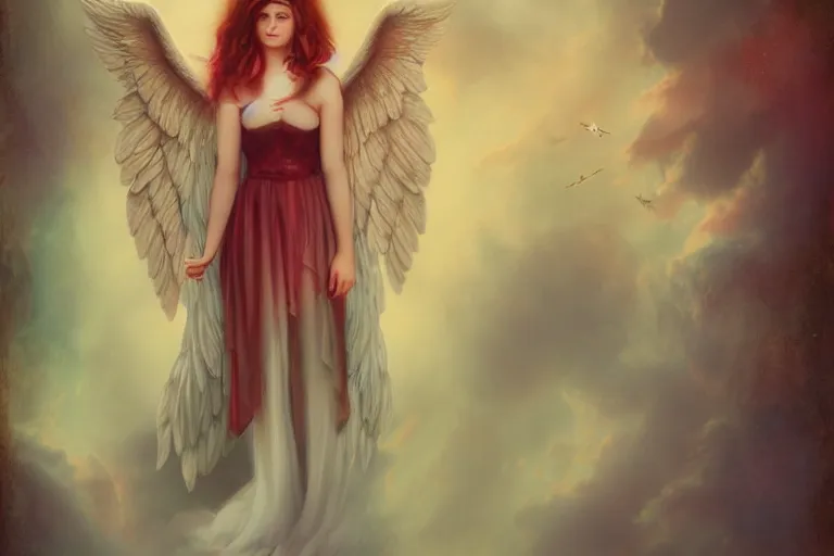 Prompt: pretty angel girl with wings photograph in the style of tom bagshaw, colorful, realistic, 8 k