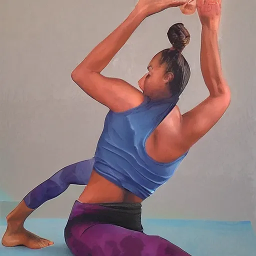 Image similar to chaotic yoga fitness teacher, expressive, hyperrealism, photorealistic