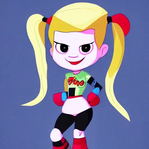 Prompt: baby harley quinn with pigtail like pebbles flintstones full body, big head, large smile, pixar style, happy, chill out, trending, trending on artstation