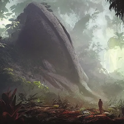 Image similar to An intact ancient alien ship, discovered half-buried in the jungles of Papua New Guinea, detailed fantasy art by Greg Rutkowski