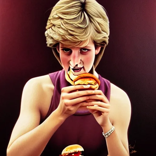 Image similar to portrait of a Princess Diana eating a hamburger, extra onions and ketchup, luscious patty with sesame seeds, masculine, handsome, D&D, fantasy, intricate, elegant, highly detailed, digital painting, artstation, concept art, matte, sharp focus, illustration, art by Artgerm and Greg Rutkowski and Alphonse Mucha