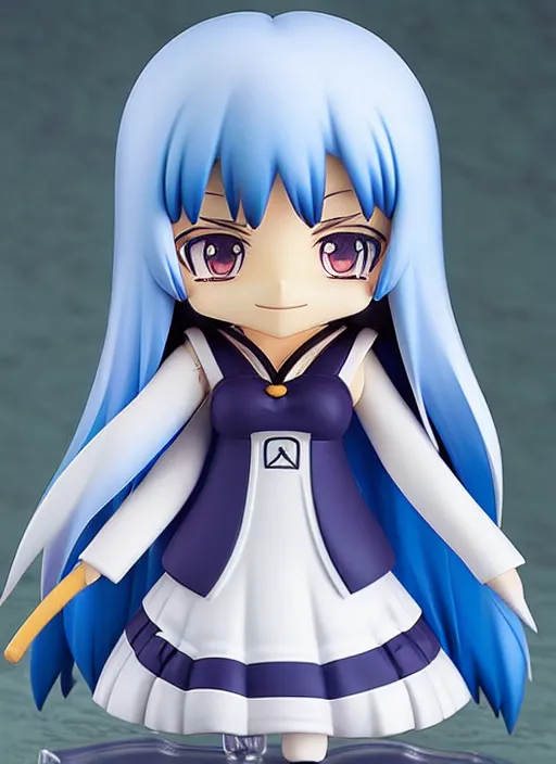 Image similar to nendoroid anime beautiful female witch with long, blue hair and green eyes, pretty symmetrical face, fullbody, white robes blue skirt, anime, nendoroid,