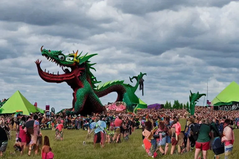 Prompt: A dragon wreaking havoc at a music festival in Saskatchewan