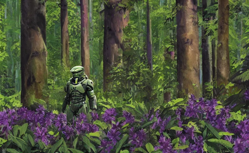 Image similar to master chief in a lush forest landscape with very tall trees and purple flowers in the style of normal rockwell