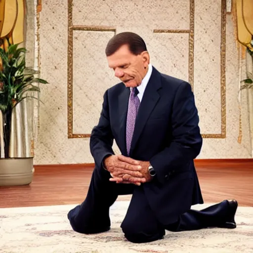 Image similar to kenneth copeland as muslim kneeling and praying