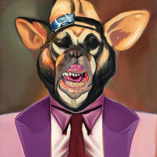 Image similar to Portrait of a psychotic crossbreed between a rabid dog and a toad, in a purple suit, oil painting