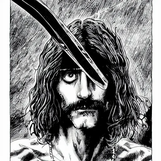 Image similar to pen and ink!!!! attractive 22 year old cyborg!!! Frank Zappa x Jared Leto golden Vagabond!!!! magic swordsman glides through a beautiful battlefield magic the gathering dramatic esoteric!!!!!! pen and ink!!!!! illustrated in high detail!!!!!!!! by Hiroya Oku!!!!!!!!! Written by Wes Anderson graphic novel published on shonen jump MTG!!! 2049 award winning!!!!