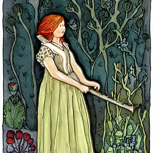 Image similar to the blacksmits’ daughter, working in the forge, fantasy art in the style of Elsa Beskow,