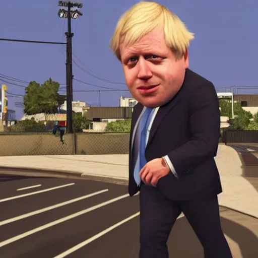 Image similar to a screenshot of boris johnson in the gta v. 3 d rendering. unreal engine. amazing likeness. very detailed. cartoon caricature