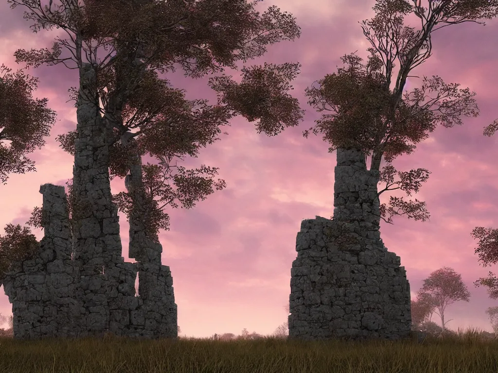 Prompt: ruins of megalithic structures in a woodland, evening mood, pink clouds in the evening sky, by clive madgwick, artstation, octane render