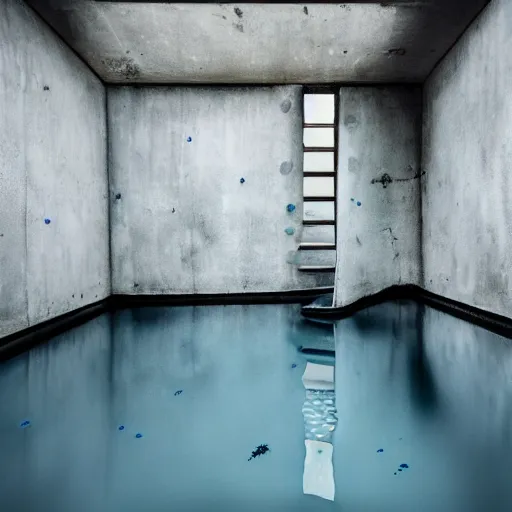 Prompt: dingy abandoned concrete room, triangular room, blue pool tiles, liminal space, museum, concrete staircase leading down, staircase flooded with water to create a moon pool, Photograph, found footage, dark, dingy.