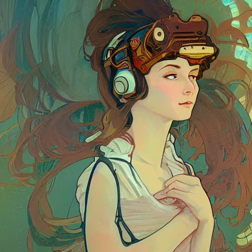 Prompt: portrait illustration of a beautiful mech girl wearing a vr headset in the style of alphonse mucha and james jean and craig mullins, vibrant brushwork, mysterious lighting, atmospheric lighting, chiaroscuro