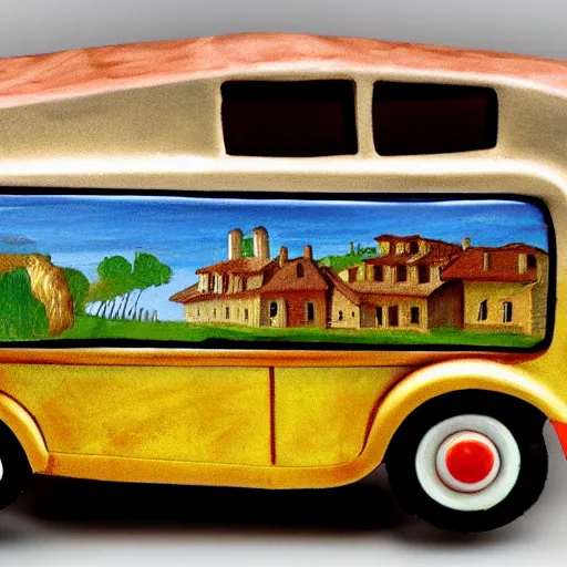 Prompt: short evolution history from small toy car to big coach bus, painting, Leonardo fa Vinci style