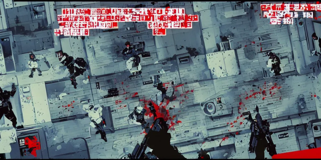 Prompt: 1992 Video Game Screenshot, Anime Neo-tokyo Cyborg bank robbers vs police, Set in Bank Vault Room, bags of money, Multiplayer set-piece :9, Police officers hit by bullets, Police Calling for back up, Bullet Holes and Blood Splatter, :6 ,Hostages, Smoke Grenades, Large Caliber Sniper Fire, Chaos, Cyberpunk, Money, Anime Bullet VFX, Machine Gun Fire, Violent Gun Action, Shootout, Escape From Tarkov, Payday 2, Highly Detailed, 8k :7 by Katsuhiro Otomo + Studio Gainax : 8