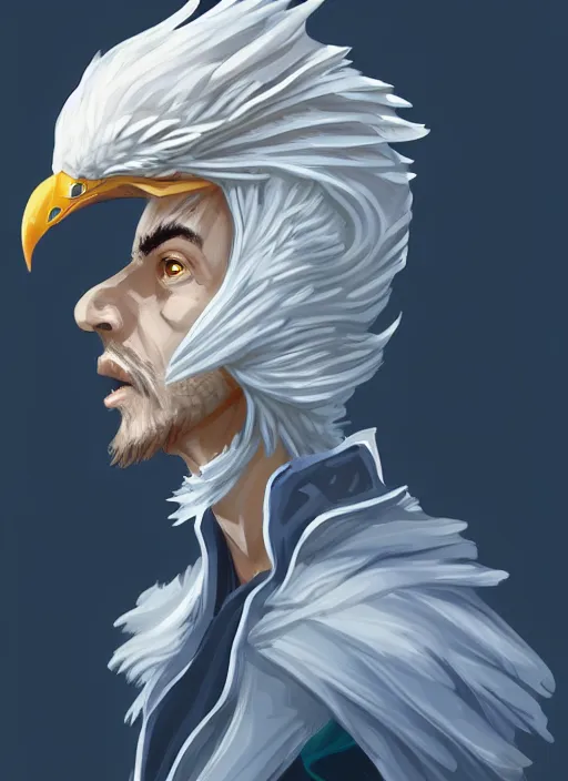 Image similar to male warlock with the head of a hawk, wind magic, blue robes, exquisite details, full body character design, white background, by studio muti