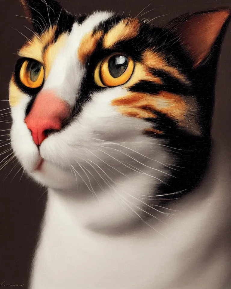 Prompt: extreme close up portrait of one calico cat by vermeer. black background, three - point lighting, enchanting, realistic features, realistic proportions, centered, trending on artstation.