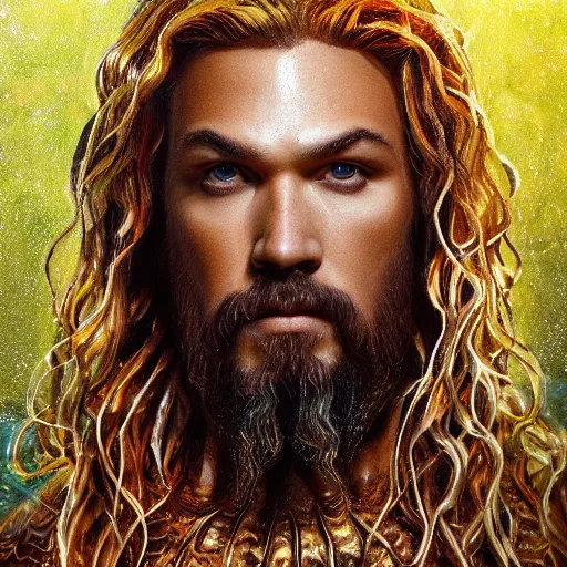 Image similar to intricate five star portrait of aquaman as a jellyfish man, oil on canvas, hdr, high detail, photo realistic, hyperrealism, matte finish, high contrast, 3 d depth, centered, masterpiece, grain and gentle colors, enhanced light effect, enhanced eye detail, artstationhd