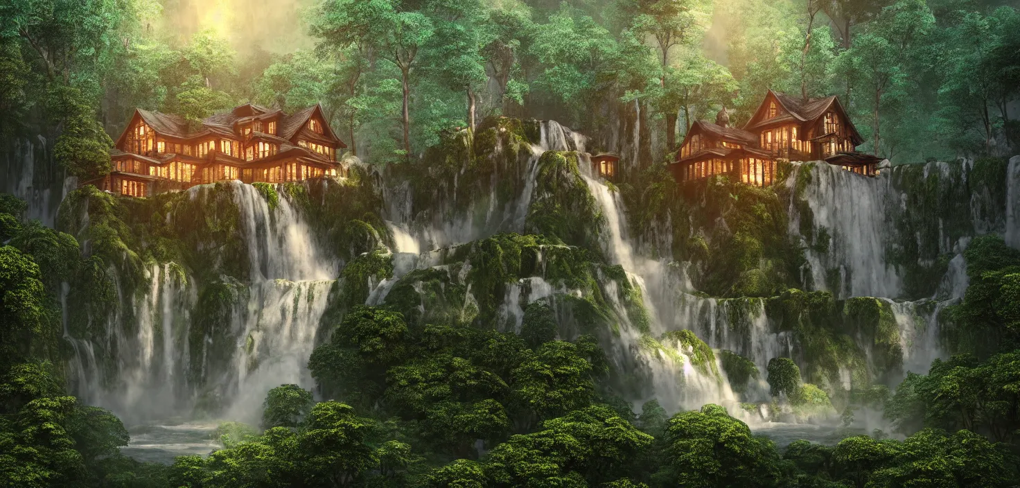 Prompt: beautiful big house in the forest, a big waterfall flows down from the mountain, octane render, fabulous, hyper detailed, random cinematic view, no noise, global illumination, warm lighting, volumetric, godrays, vivid, beautiful, by camila venegas
