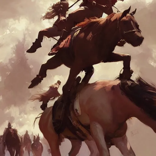 Prompt: a group of people riding on the backs of horses, a storybook illustration by krenz cushart and phil hale, pixiv contest winner, fantasy art, official art, concept art, storybook illustration. detailed masterpiece.
