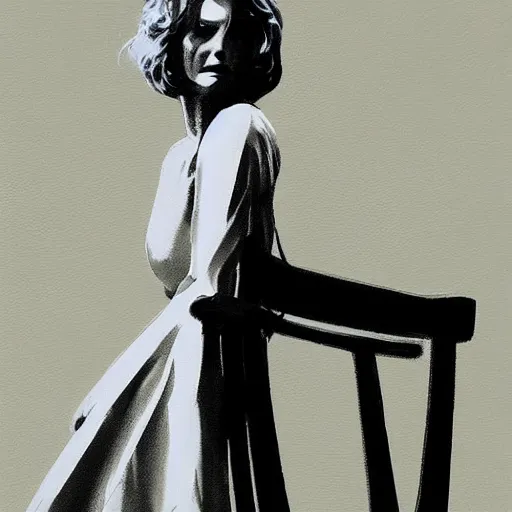 Image similar to a woman in a white dress sitting in a chair, concept art by john carpenter, volumetric lighting, photorealistic painting by jerry weiss, criterion collection