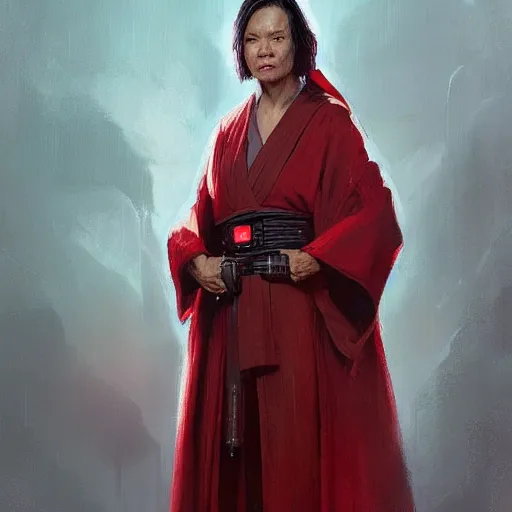 Image similar to portrait of a woman by greg rutkowski, jedi queen, half asian, black bob hair, star wars expanded universe, she is about 5 0 years old, wearing jedi red robes.