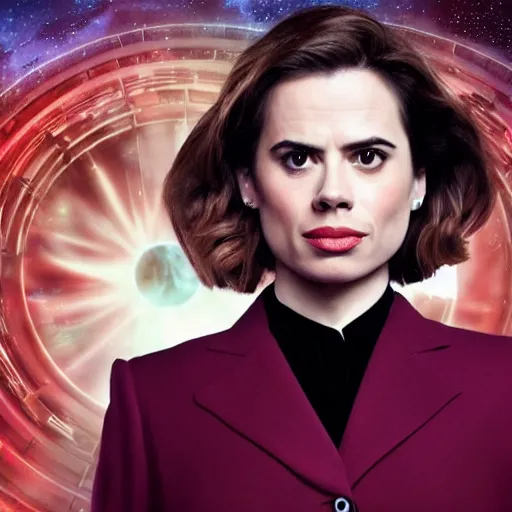 Prompt: a beautiful full body photograph of hayley atwell dressed as doctor who, time vortex in the background, detailed face, symmetrical face, extreme realism and detail, 8 k, completely framed, direct lighting, 3 5 mm photo, photorealistic, sharp focus