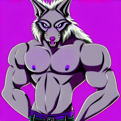 Prompt: giant anthropomorphic muscular purple wolf dragon, generic furry style, wearing jeans and a crop top, deviantart, professional furry drawing, insanely detailed, artistic design, wolf - like face, doing a pose from jojo's bizarre adventure, detailed muscles, exaggerated features