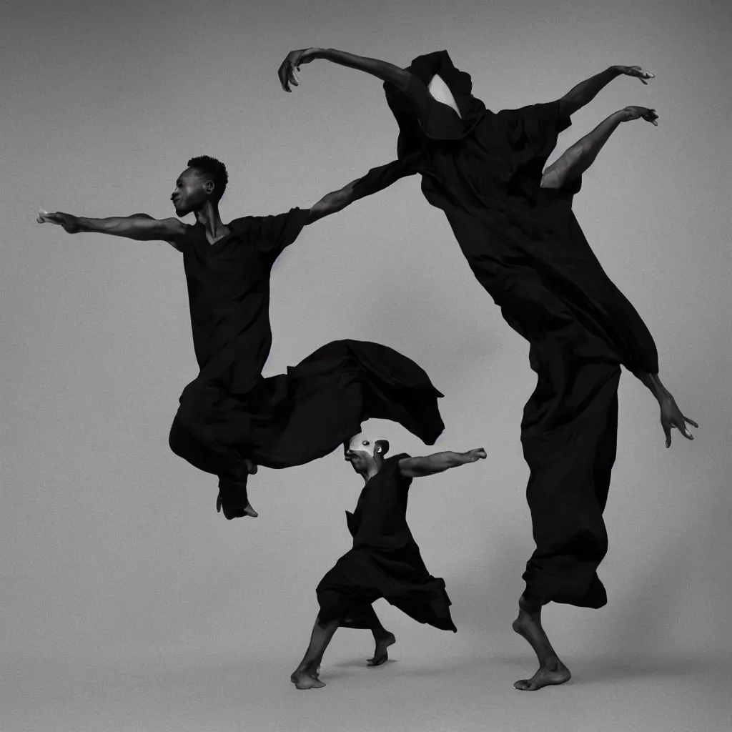 Image similar to a photo of a man dancing in a black Issey Miyake dress