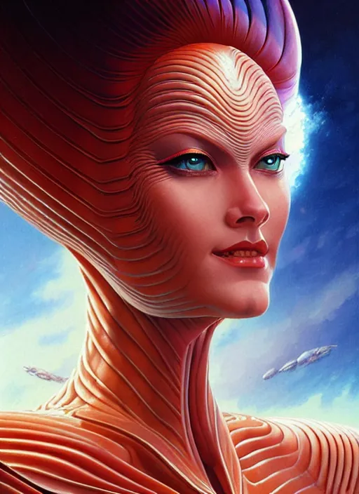 Image similar to face of a beautiful alien woman wearing shiny plastic armor in the style of roger dean and alberto vargas and stefan kostic, realistic, sharp focus, 8 k high definition, insanely detailed, intricate, elegant, art by greg rutkowski and artgerm, extreme blur coral reef background